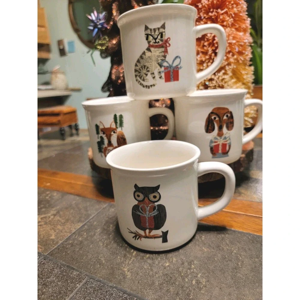 (4) Pottery Barn Denise Fiedler Whimsical Christmas Mugs Cat Fox Owl Dog 16 Oz